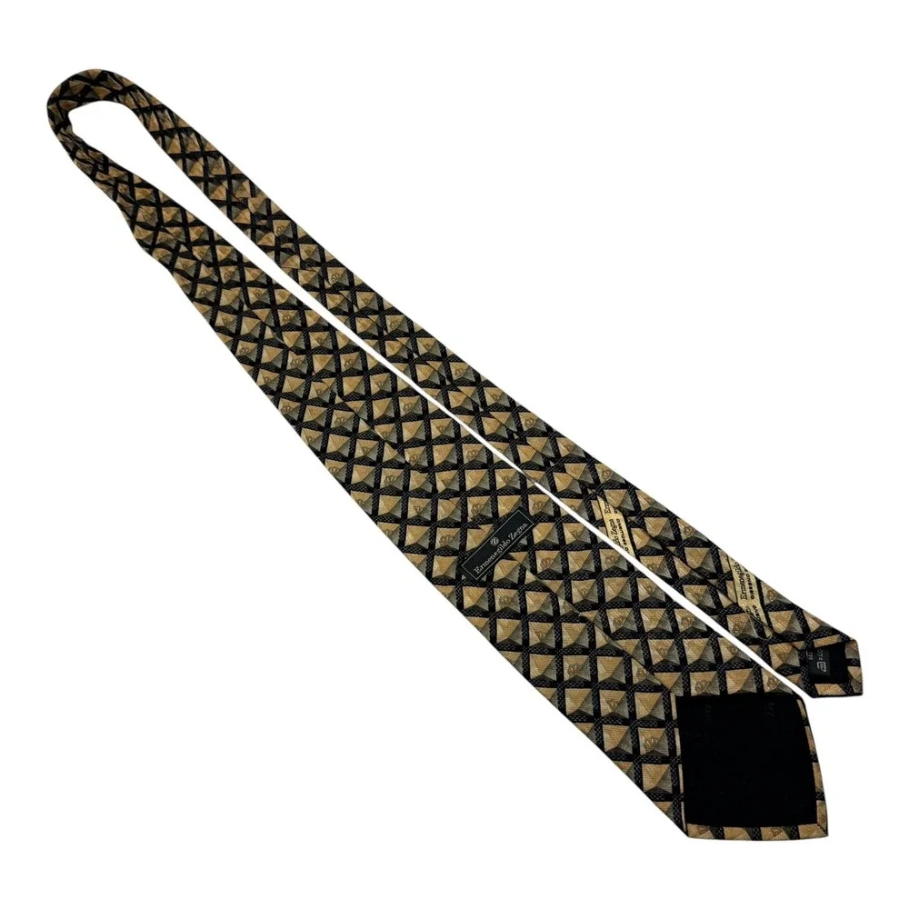 Ermenegildo Zegna Mens Silk‎ Neck Tie Gold Black Geometric Pyramid Made in Italy